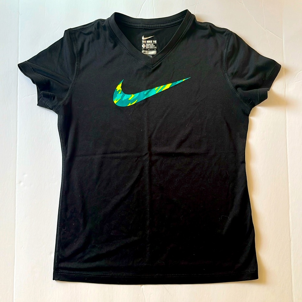 Nike Black Tee Dri fit with Blue and Green Swoosh Girls size L